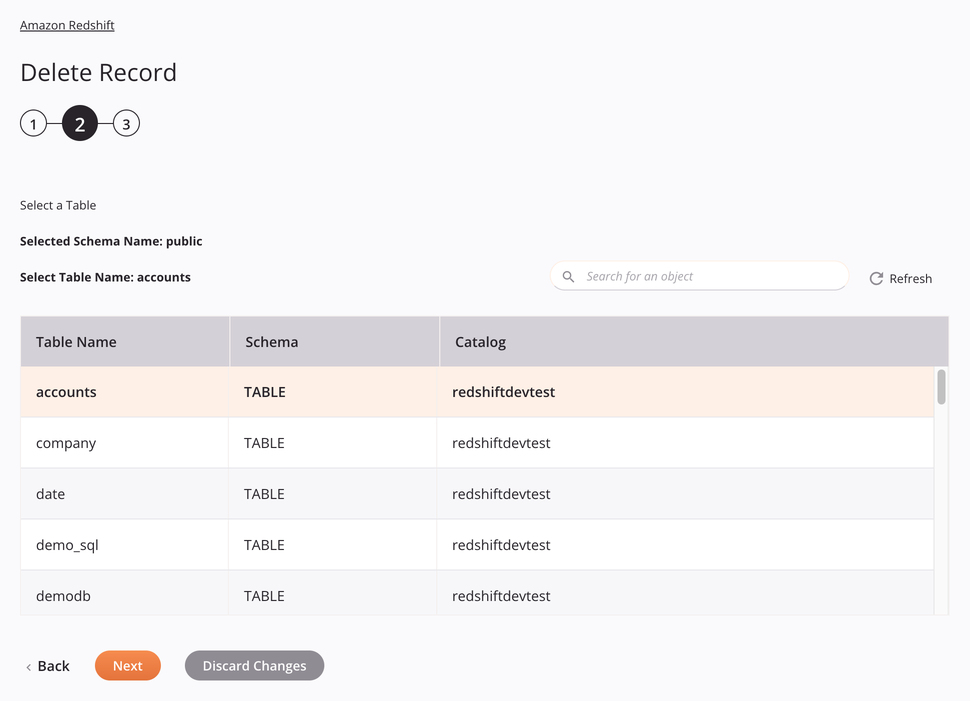 Etapa 2 da configuração da atividade de exclusão do registro do Amazon Redshift