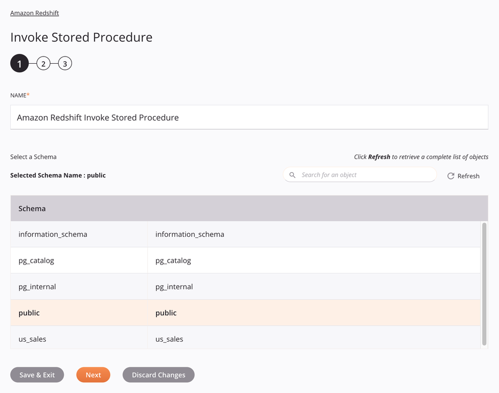 Etapa 1 da configuração da atividade Invoke Stored Procedure do Amazon Redshift