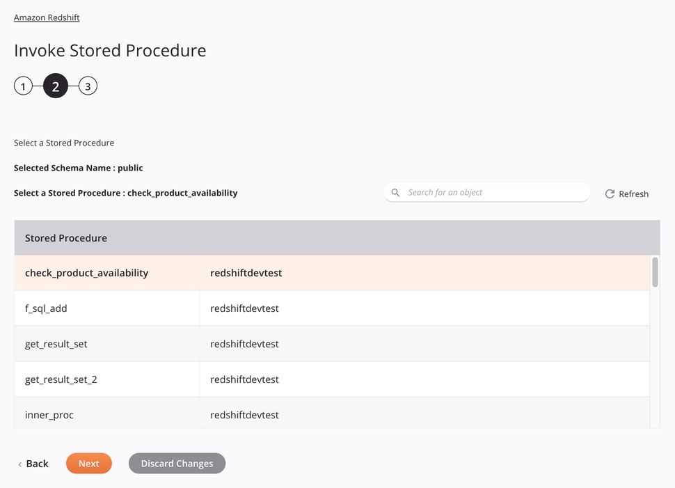 Etapa 2 da configuração da atividade Invoke Stored Procedure do Amazon Redshift