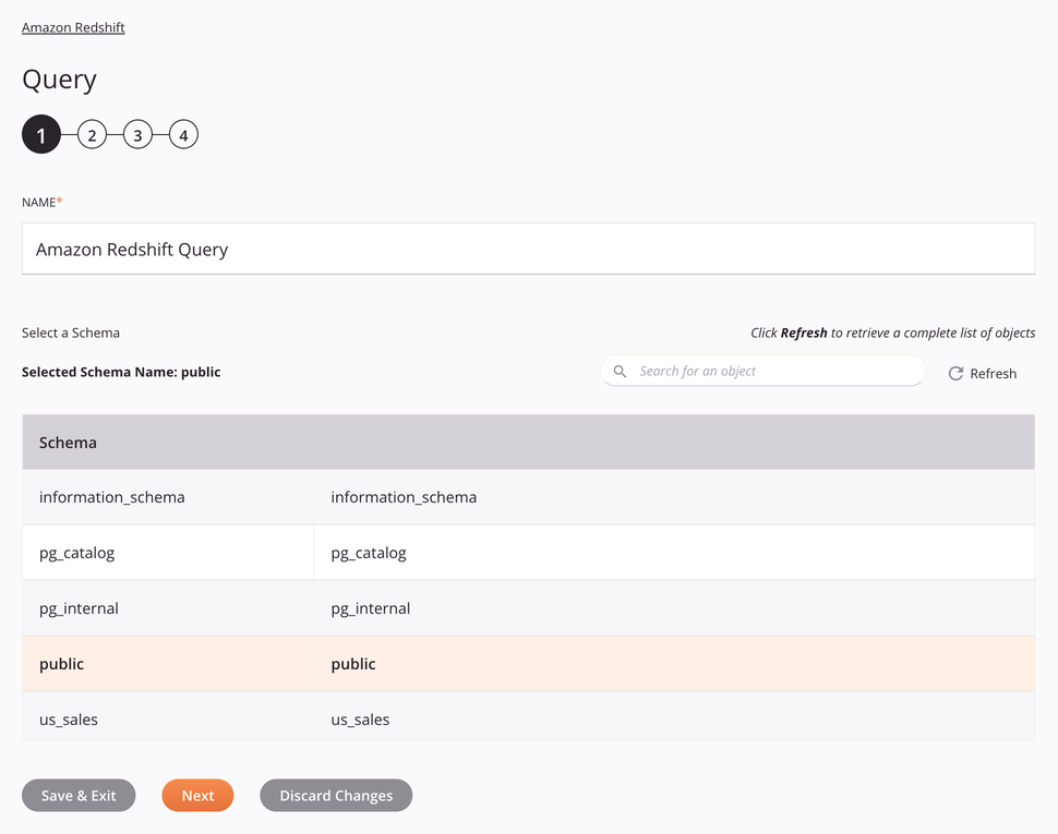 Amazon Redshift Query activity configuration step 1