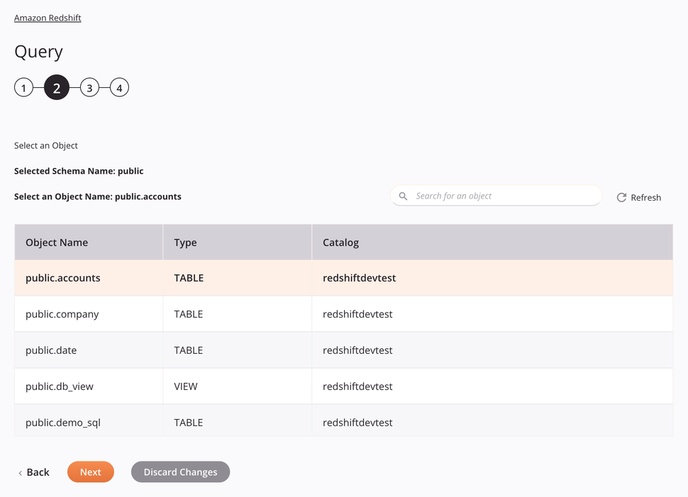 Paso 2 de configuración de la actividad de consulta de Amazon Redshift