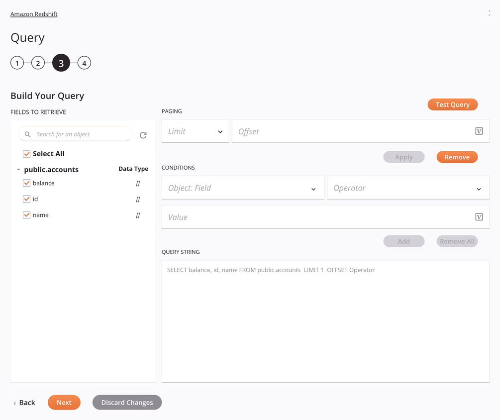 Amazon Redshift Query activity configuration step 3