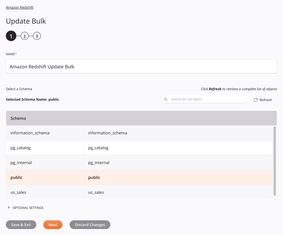 Paso 1 de configuración de la actividad masiva de actualización de Amazon Redshift