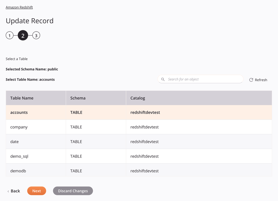 Amazon Redshift Update Record activity configuration step 2