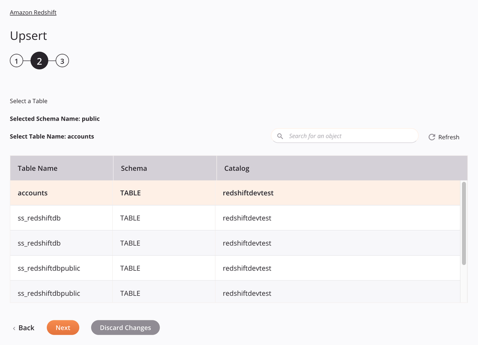 Paso 2 de configuración de la actividad Upsert de Amazon Redshift