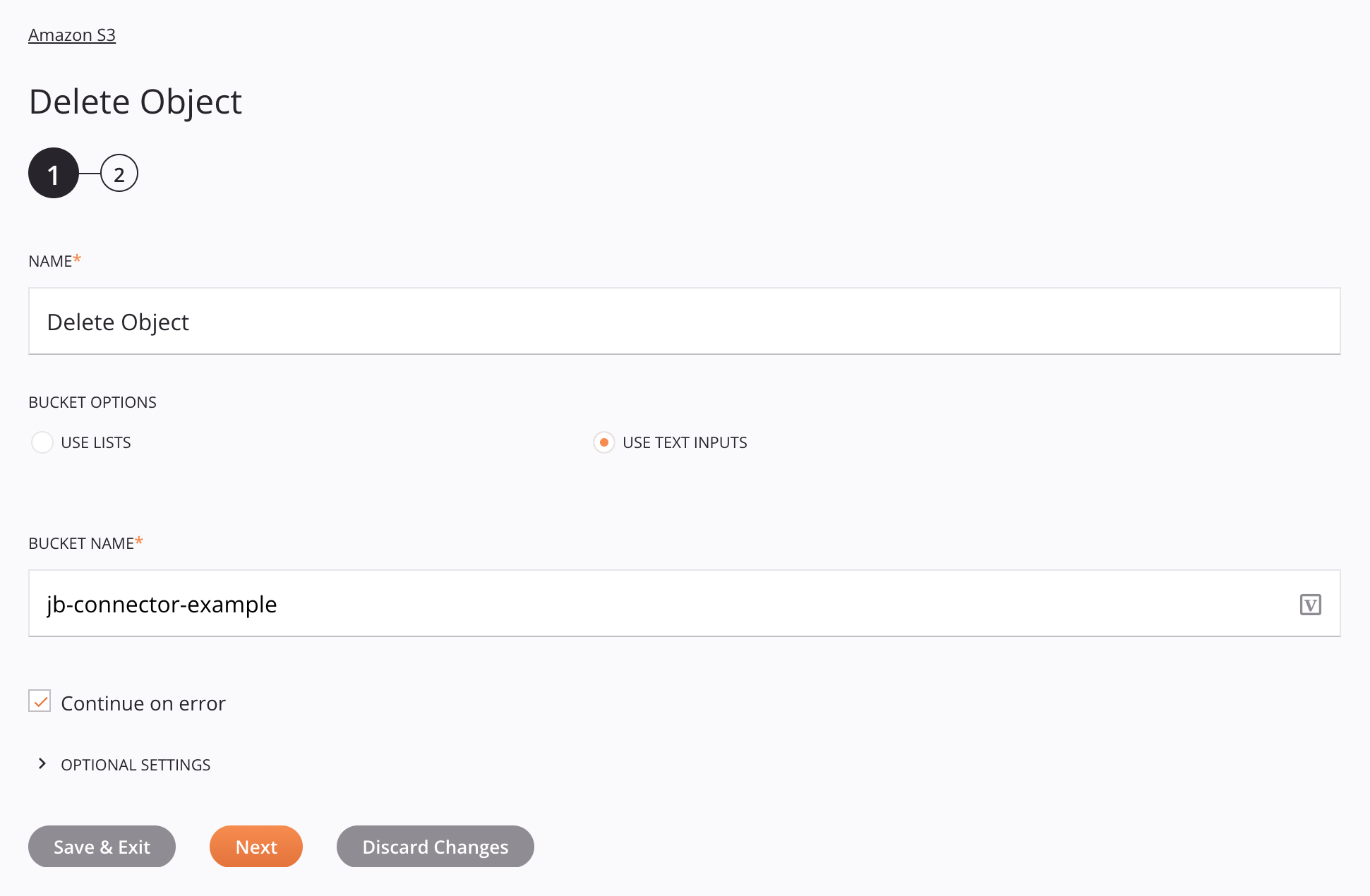 Amazon S3 Delete Object activity use text inputs option