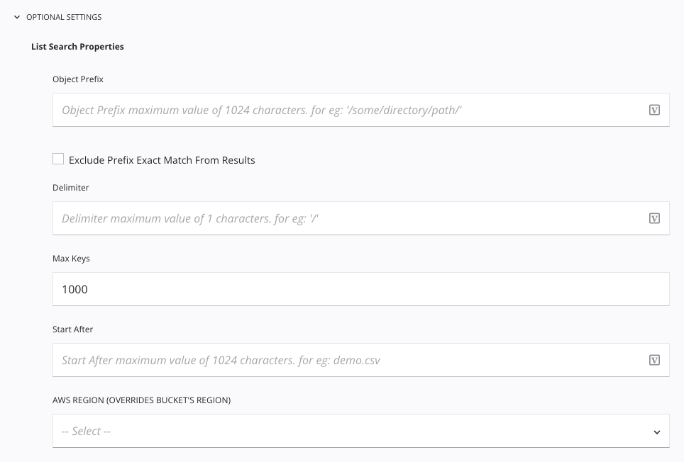 Amazon S3 list objects optional settings