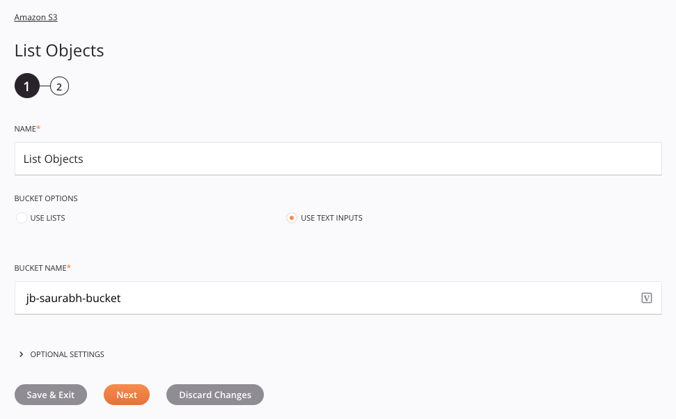 Amazon S3 List Objects activity use text inputs option