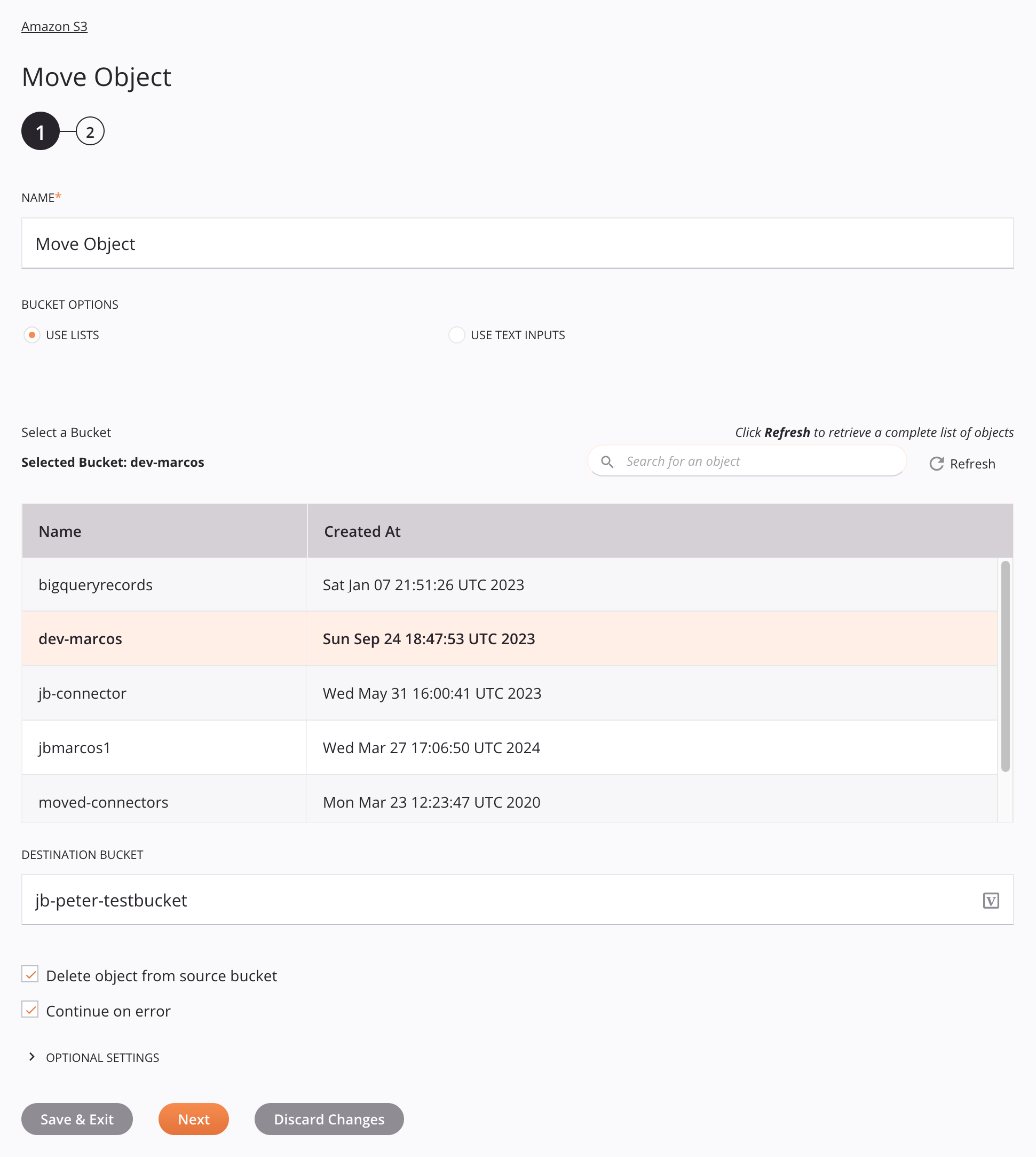 Paso 1 de configuración de la actividad de movimiento de objetos de Amazon S3