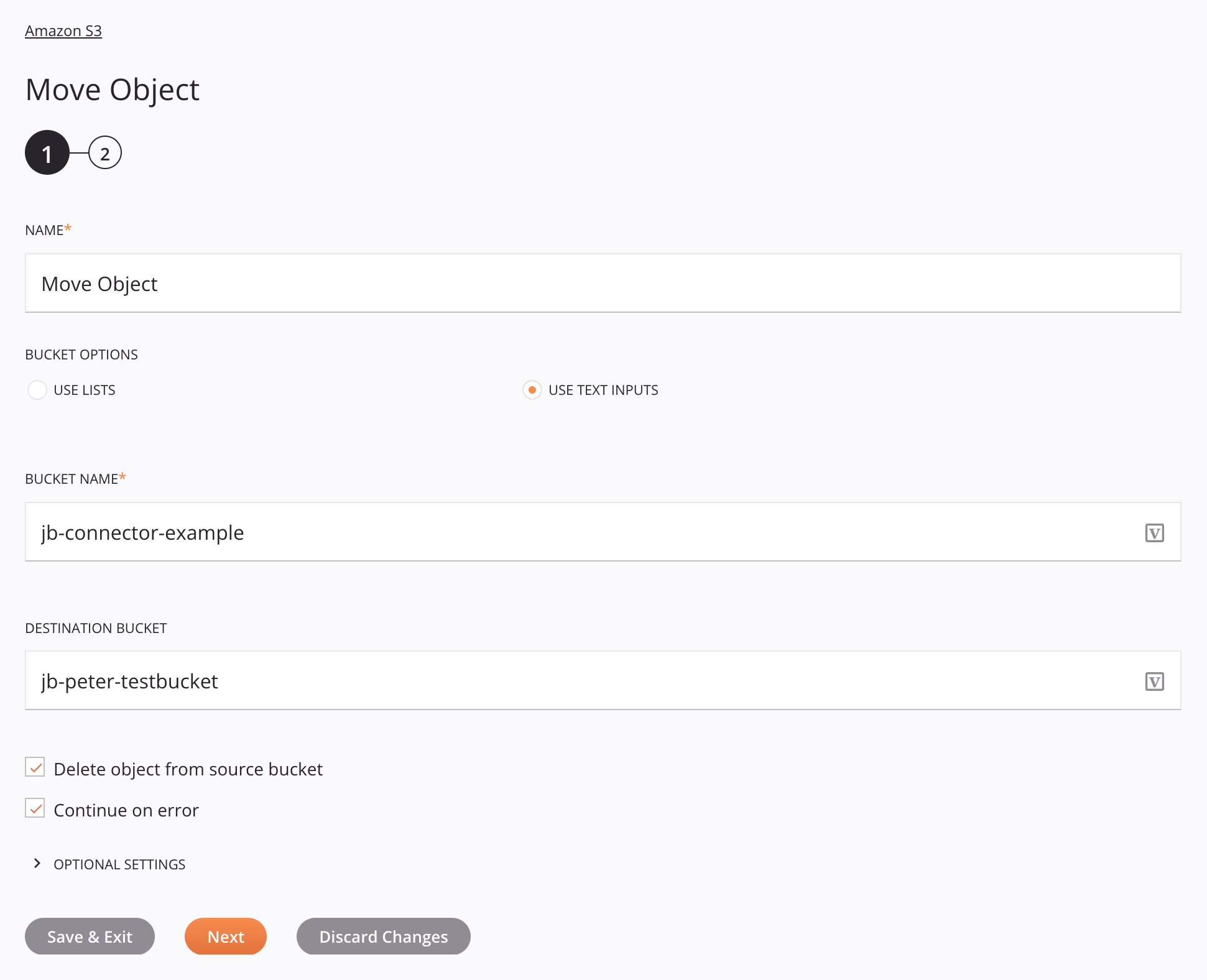 Amazon S3 Move Object activity use text inputs option
