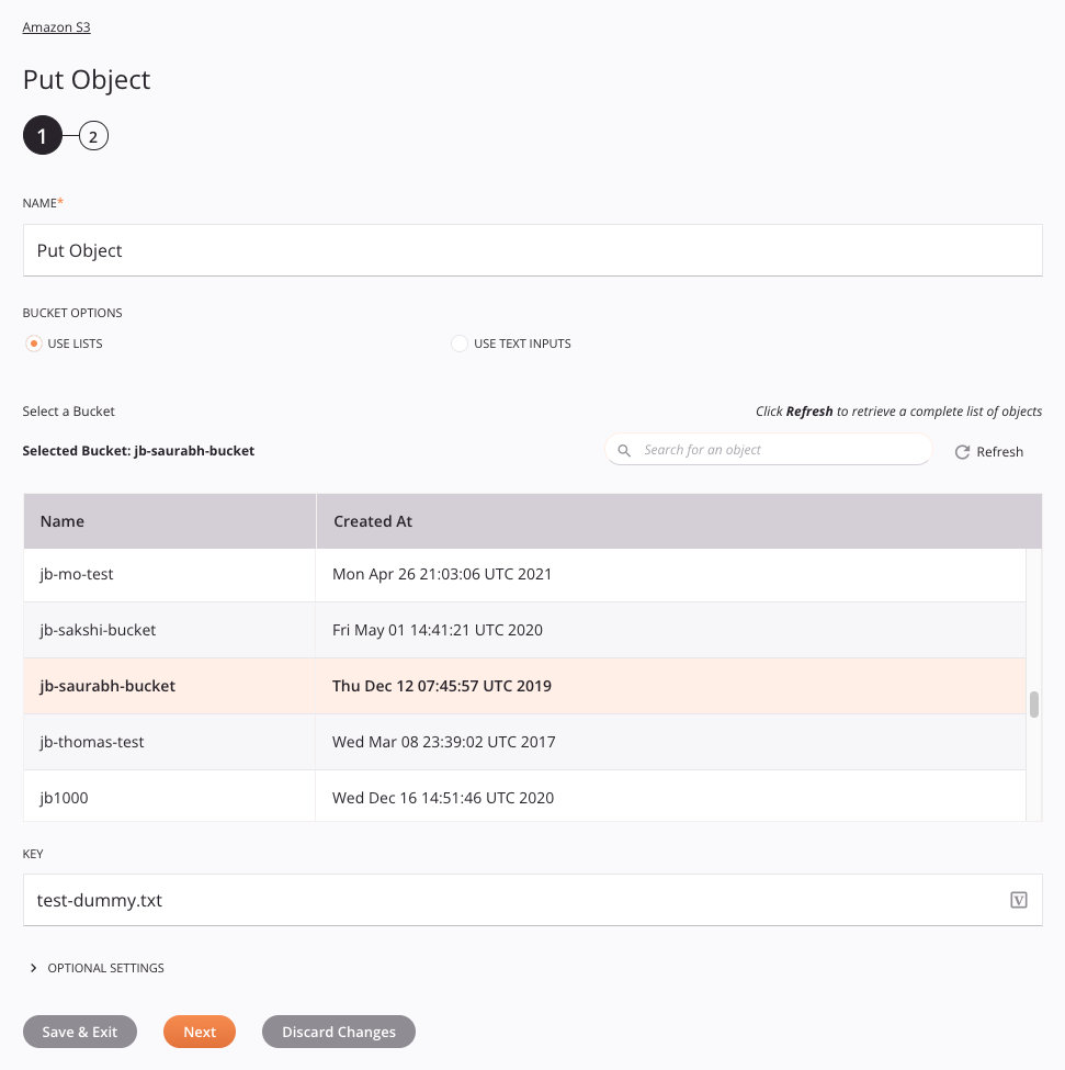 Paso 1 de configuración de la actividad Put Object de Amazon S3