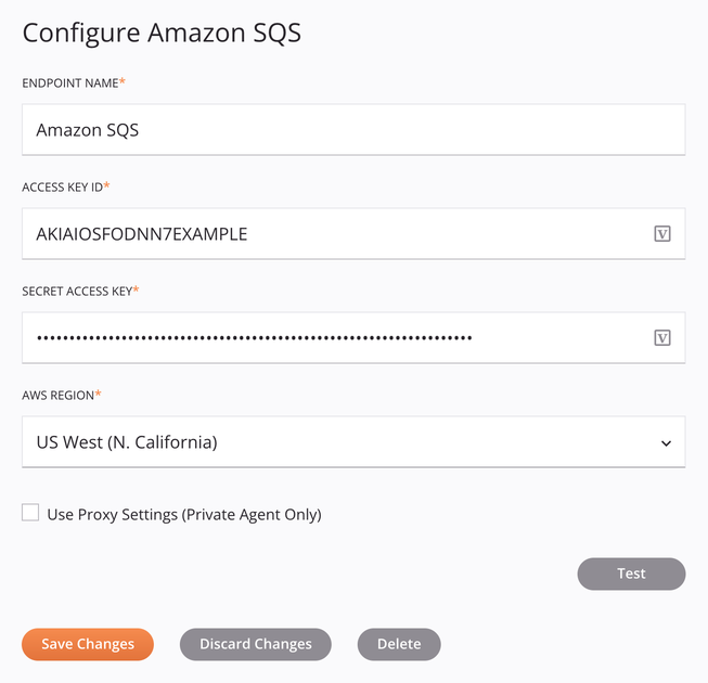 Configuração de conexão do Amazon SQS