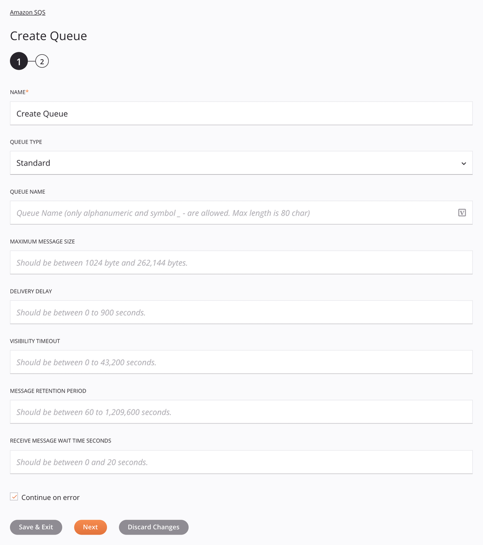 Amazon SQS Create Queue activity configuration step 1