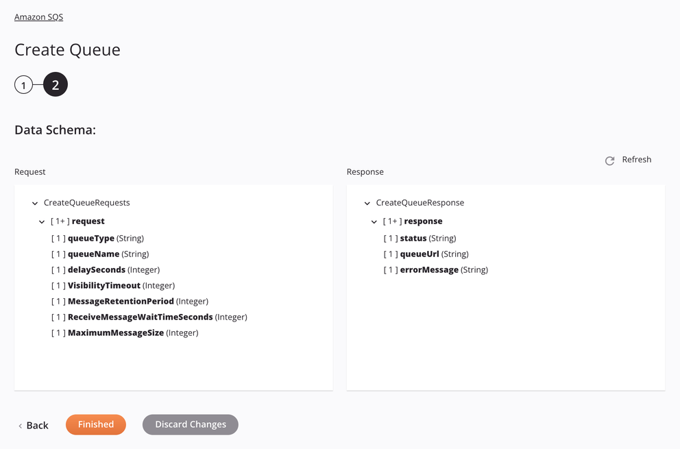 Paso 2 de configuración de actividad de creación de cola de Amazon SQS