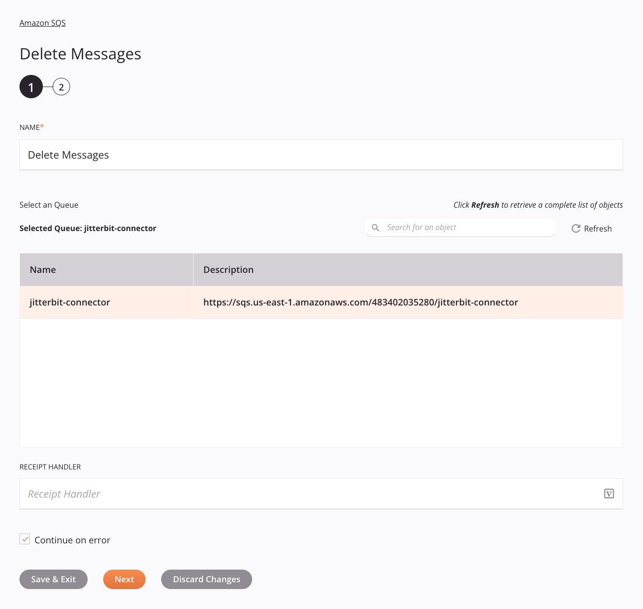 Paso 1 de configuración de la actividad de eliminación de mensajes de Amazon SQS