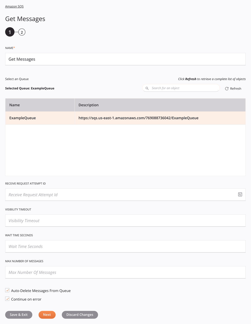 Amazon SQS Get Messages activity configuration step 1