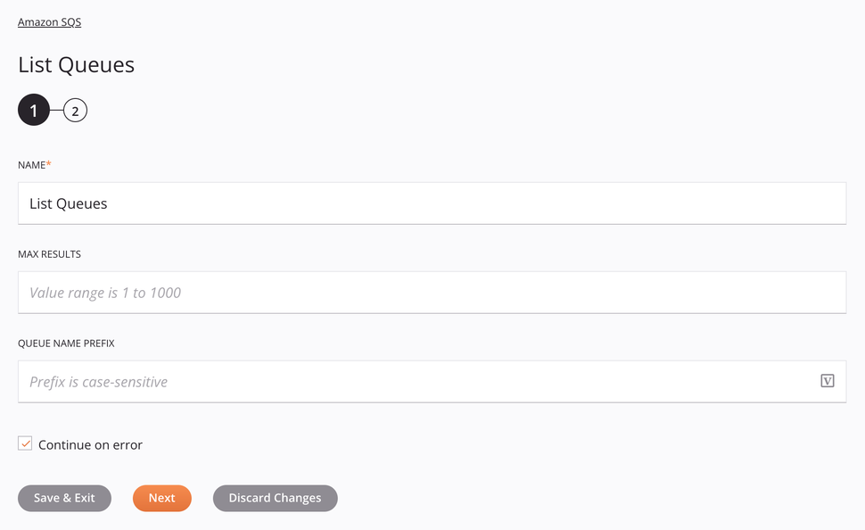 Amazon SQS List Queues activity configuration step 1