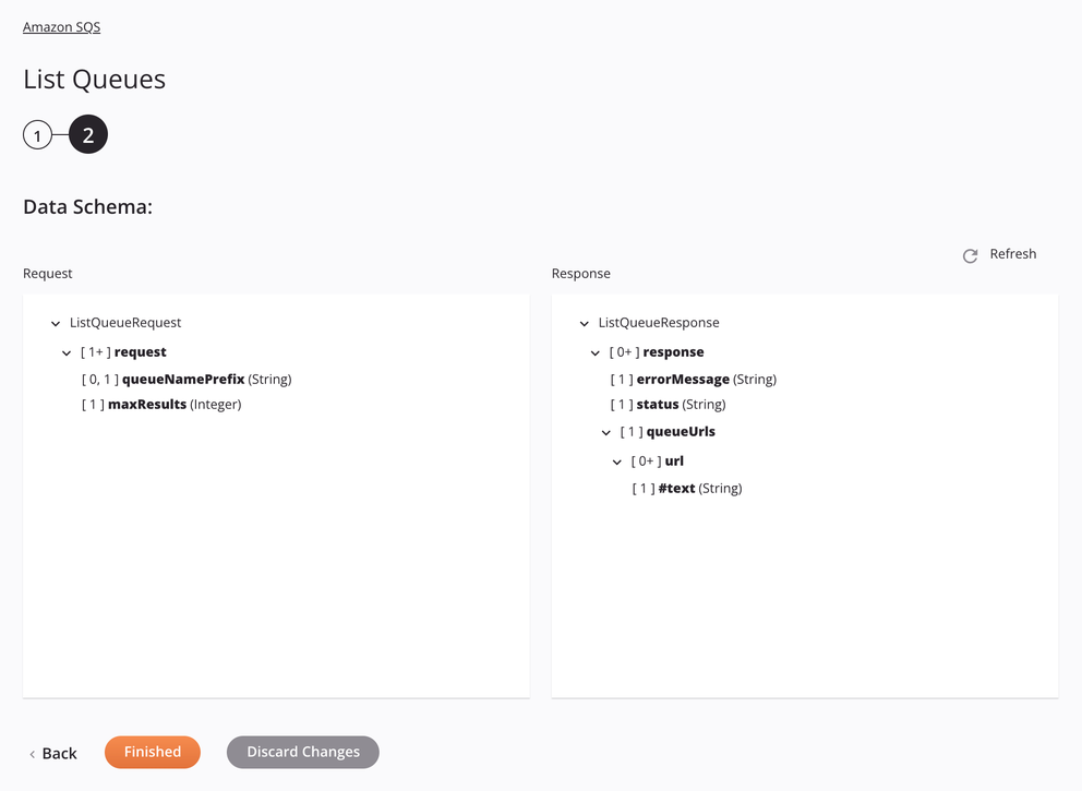 Amazon SQS List Queues activity configuration step 2