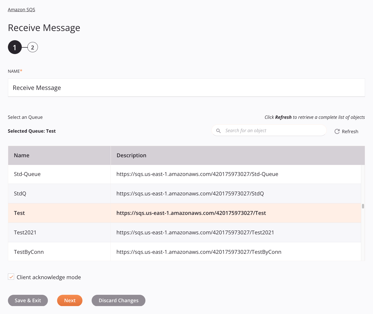 Paso 1 de configuración de mensajes de recepción de Amazon SQS