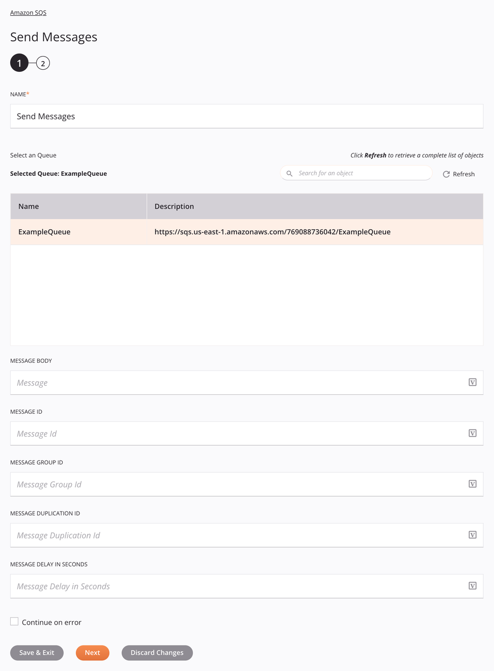 Amazon SQS Send Messages activity configuration step 1