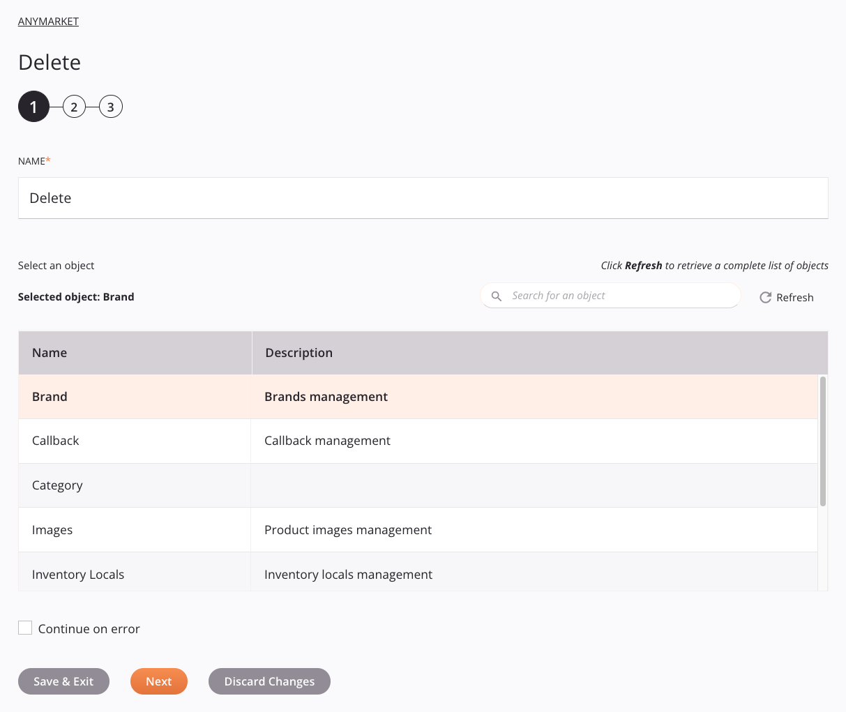 ANYMARKET Delete activity configuration step 1