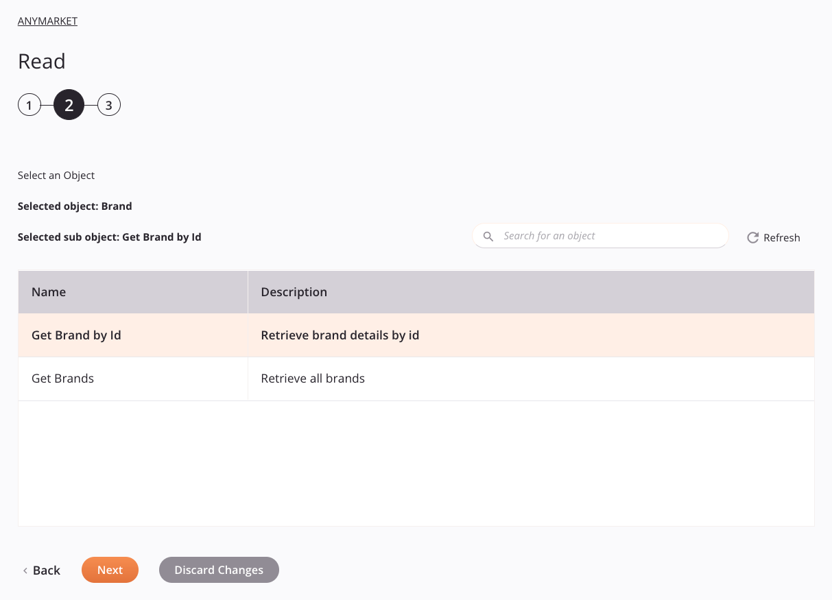 Etapa 2 da configuração da atividade de leitura do ANYMARKET