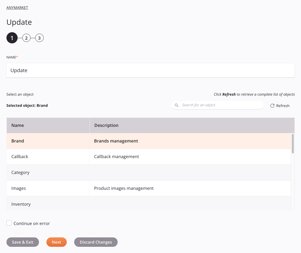 Etapa 1 da configuração da atividade de atualização do ANYMARKET