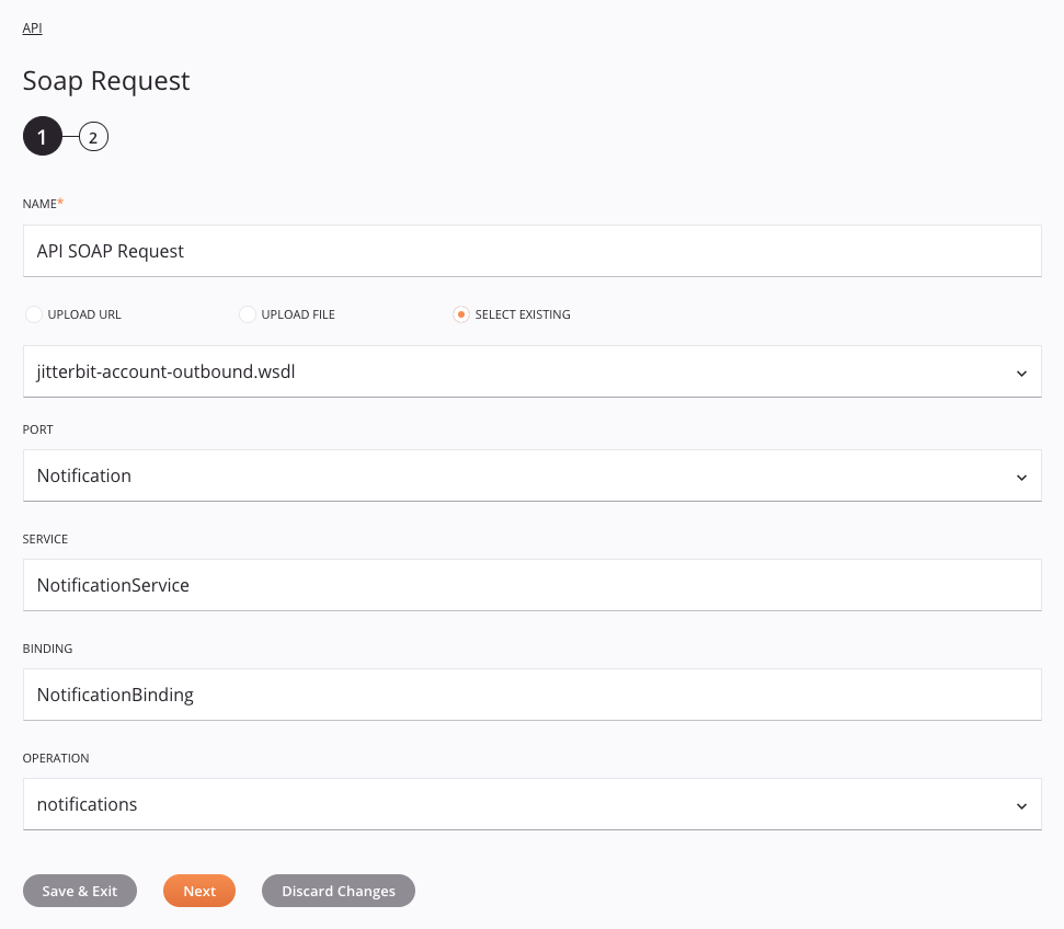 Etapa 1 da configuração da atividade de solicitação API SOAP