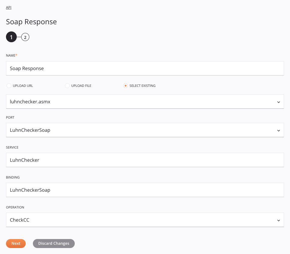 Paso 1 de configuración de la actividad de respuesta API SOAP