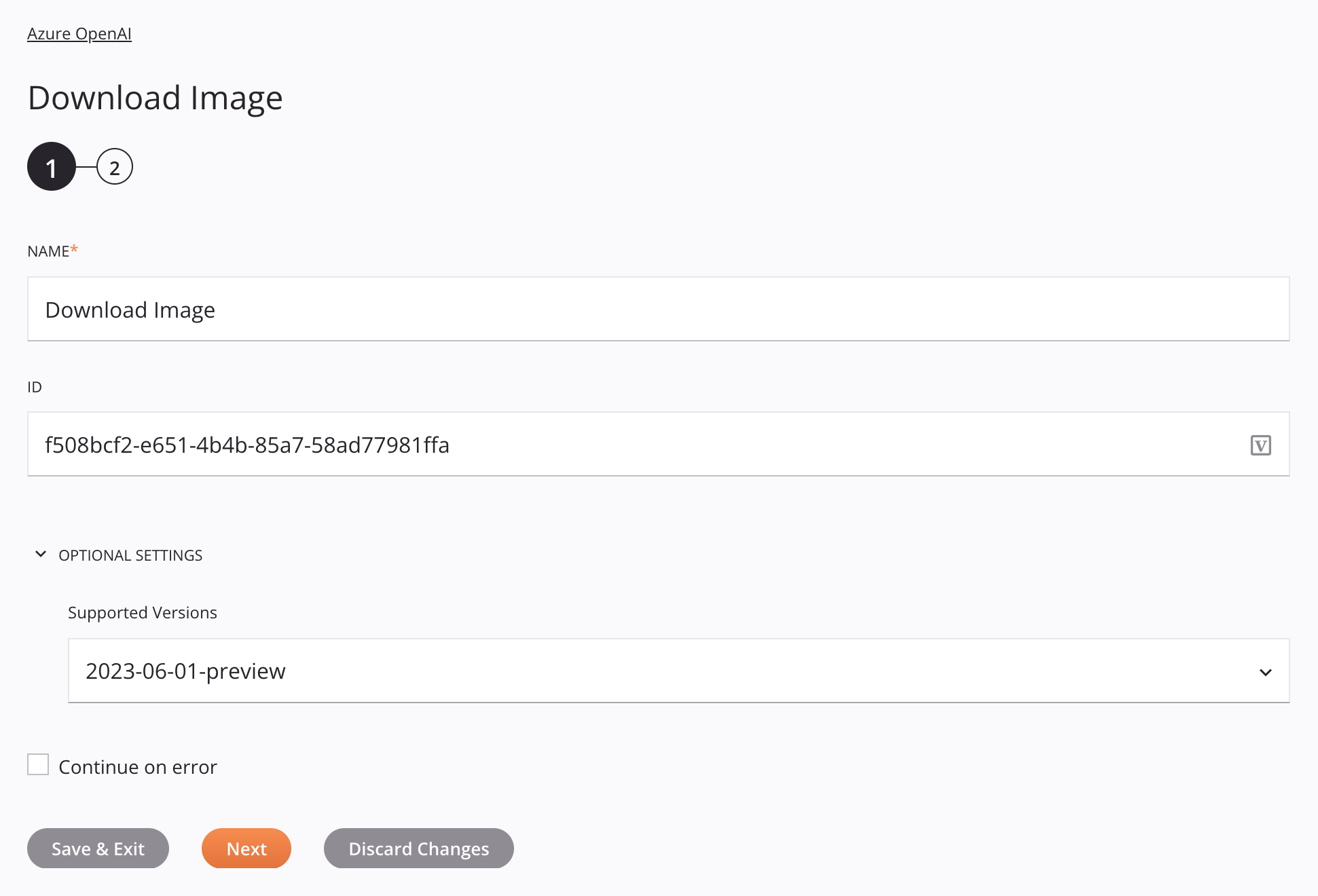 Etapa 1 da configuração da atividade de download de imagem do Azure OpenAI