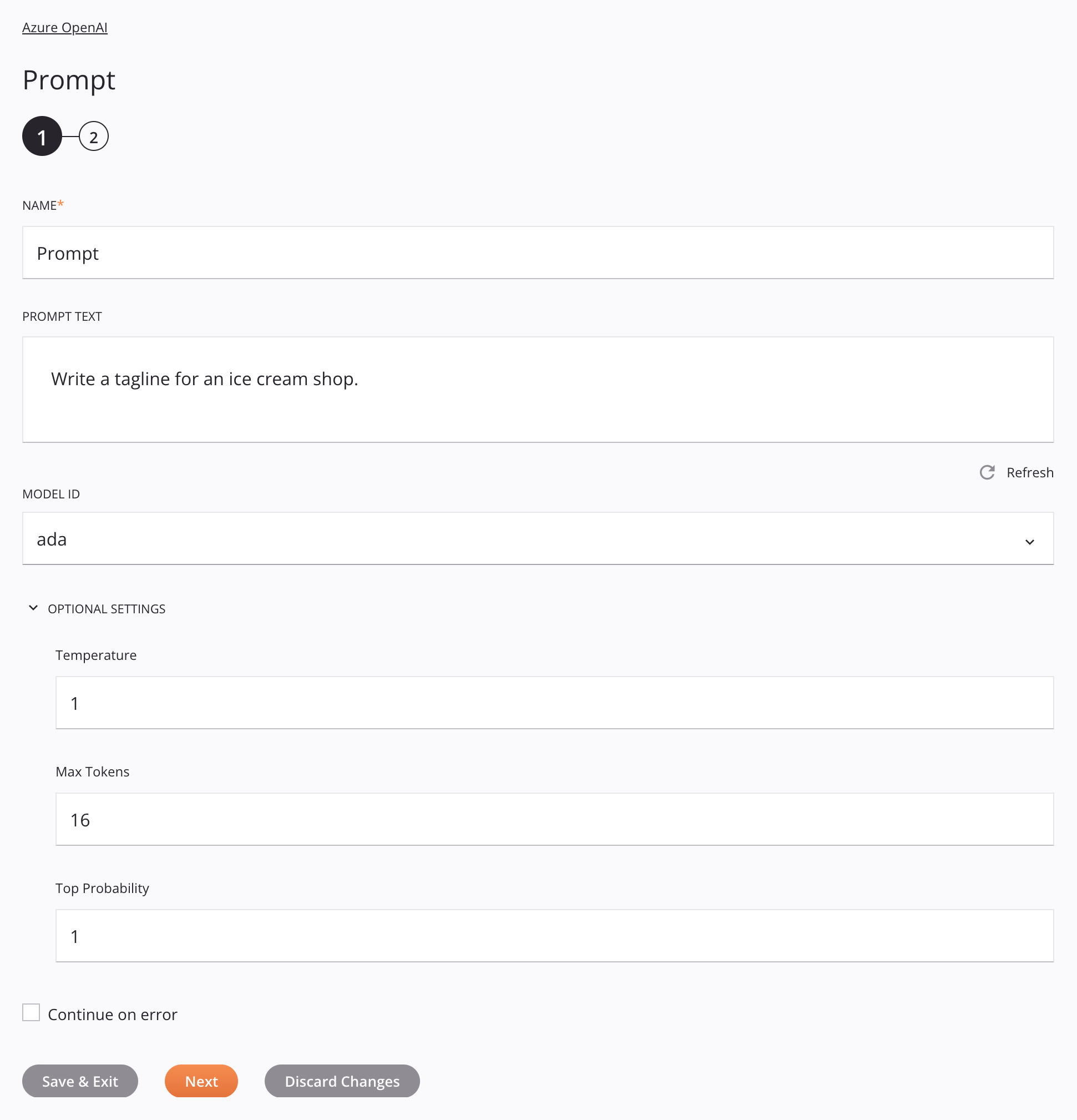 Paso 1 de configuración de la actividad del indicador de Azure OpenAI