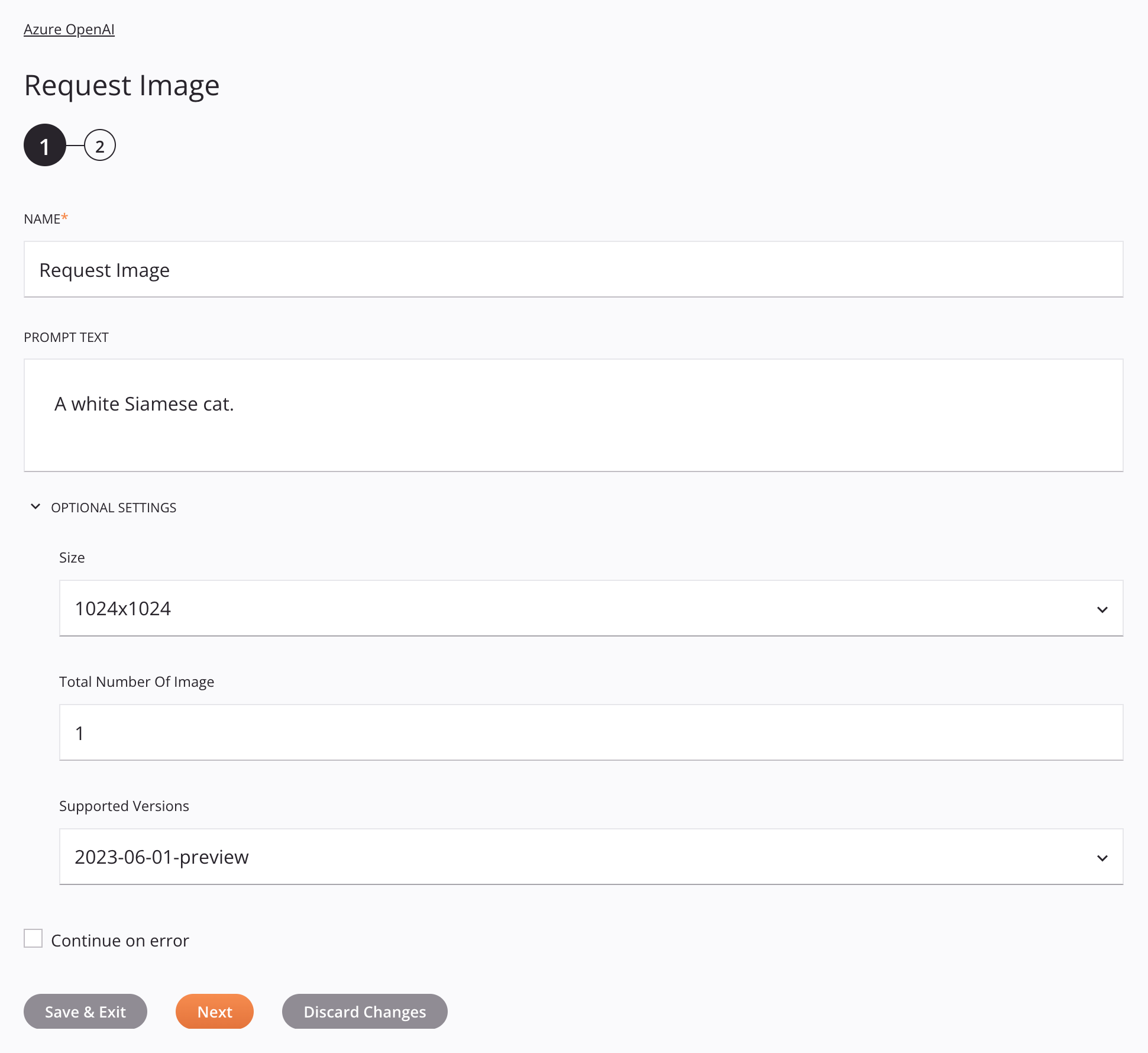 Azure OpenAI Request Image activity configuration step 1