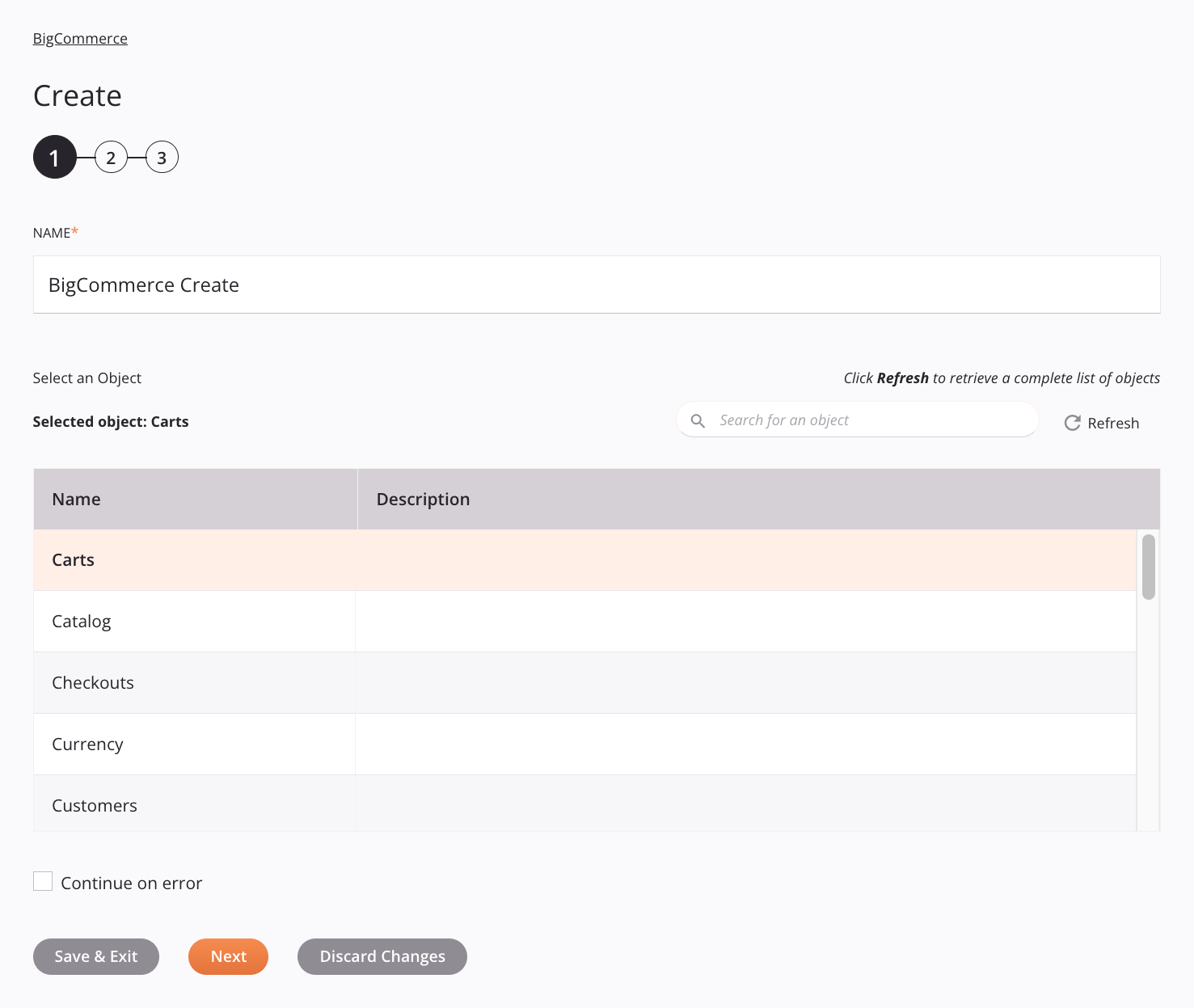 Paso 1 de la configuración de la actividad de creación de BigCommerce