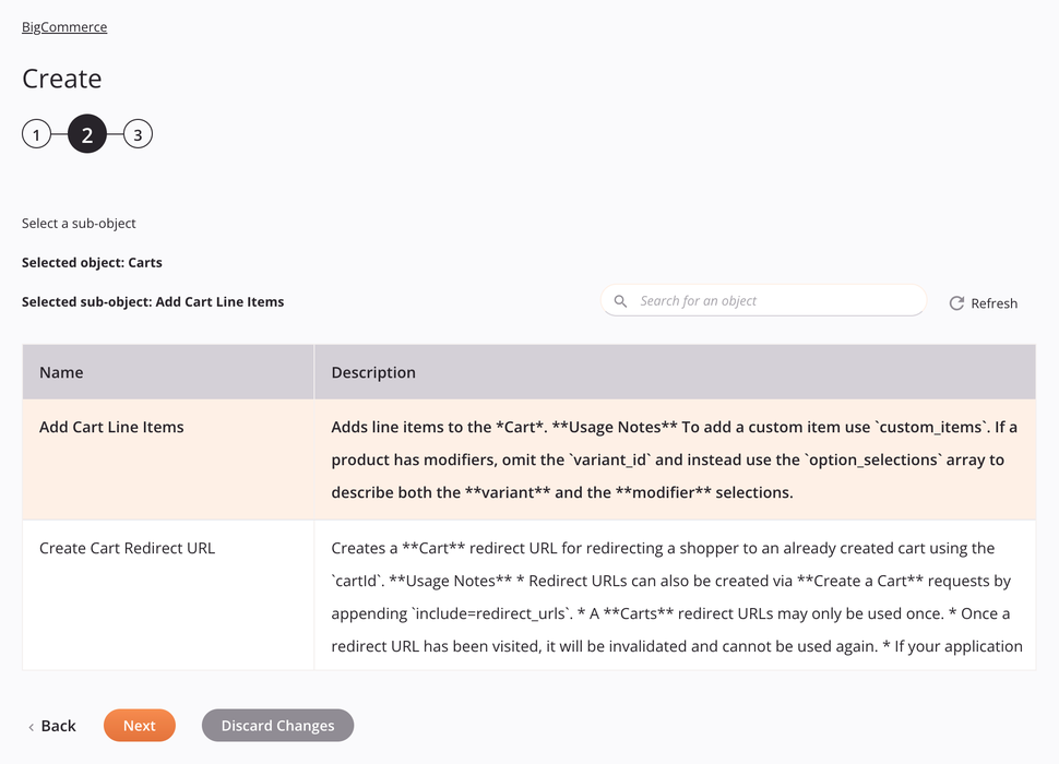 Etapa 2 da configuração da atividade de criação do BigCommerce