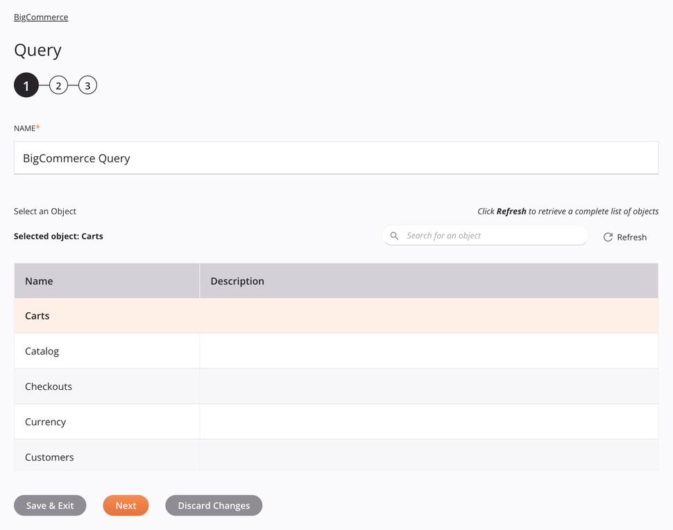 BigCommerce Query activity configuration step 1