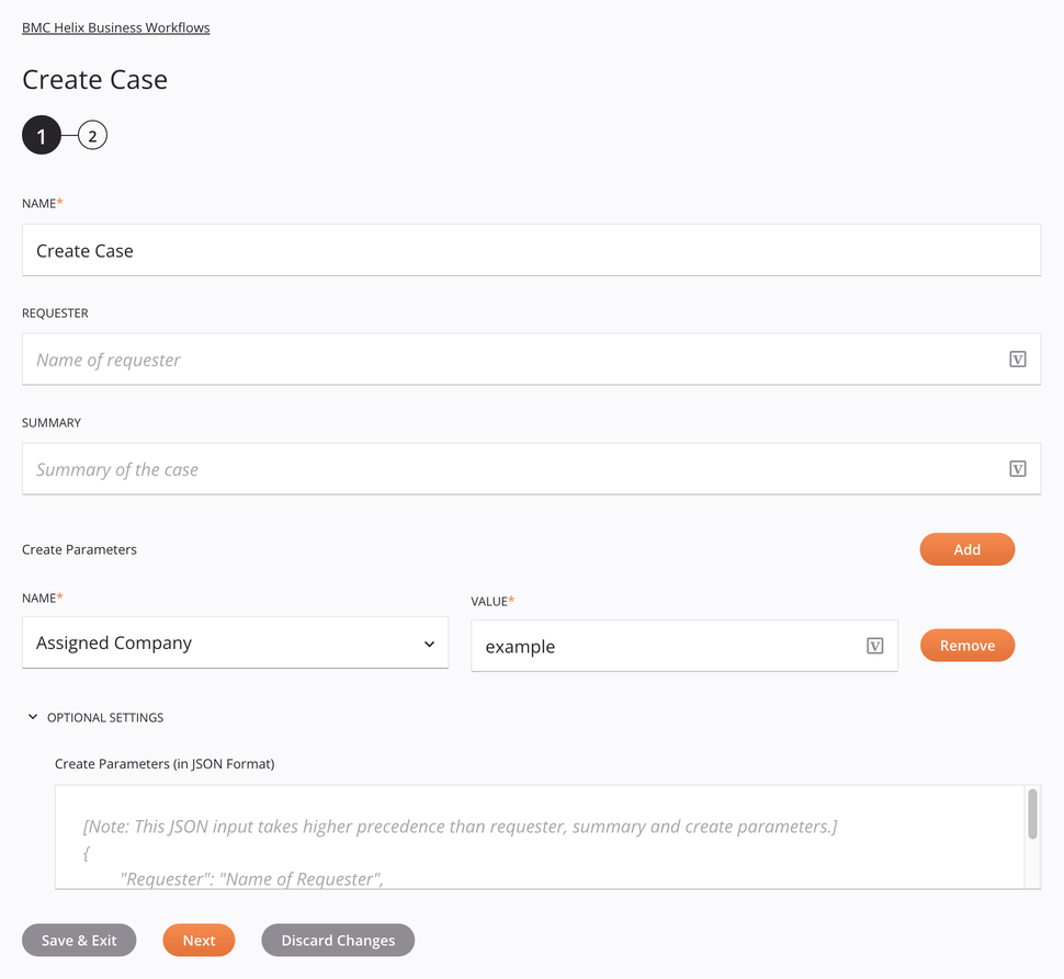 BMC Helix Business Workflows Create Case activity configuration step 1