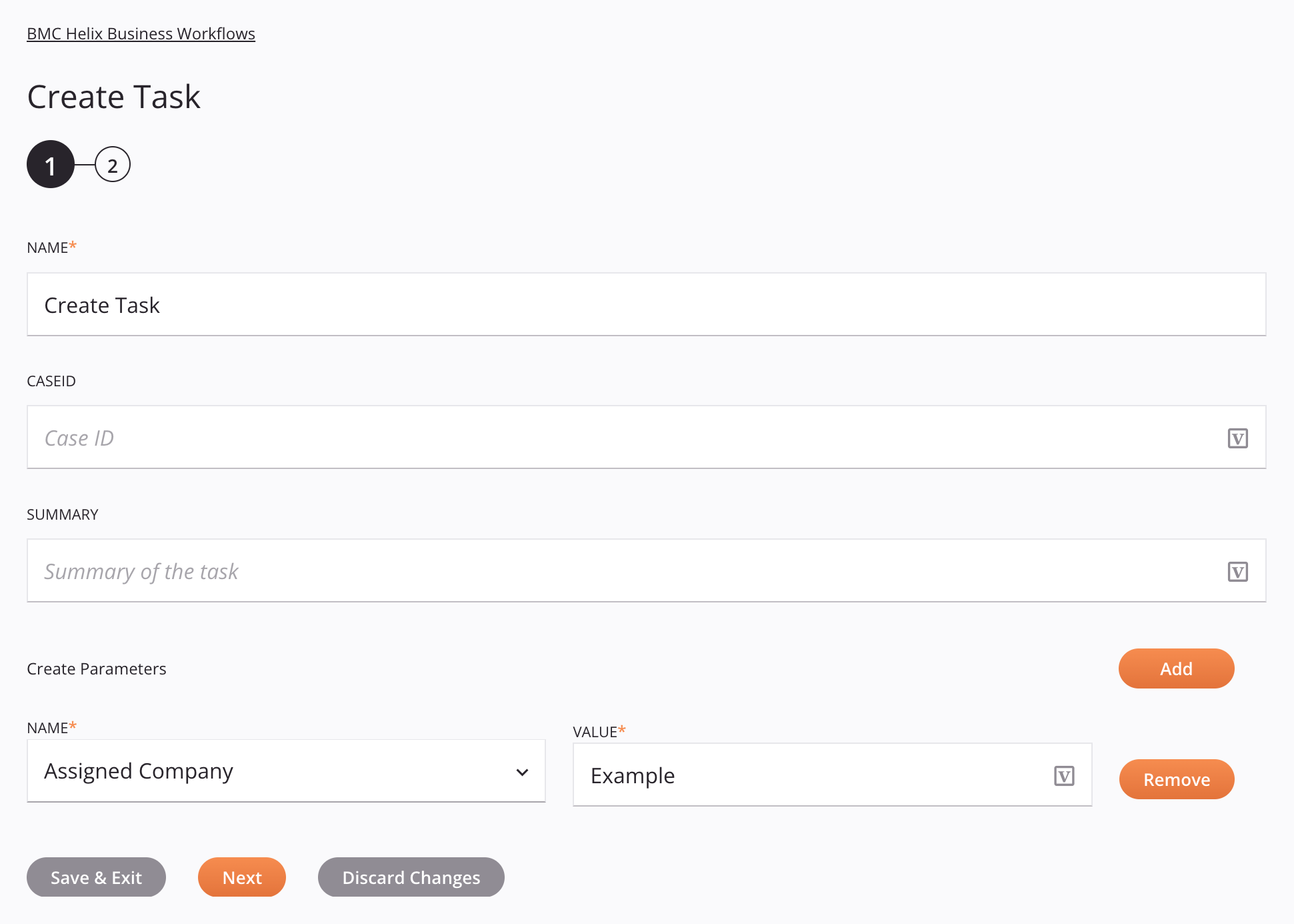 BMC Helix Business Workflows Create Task activity configuration step 1