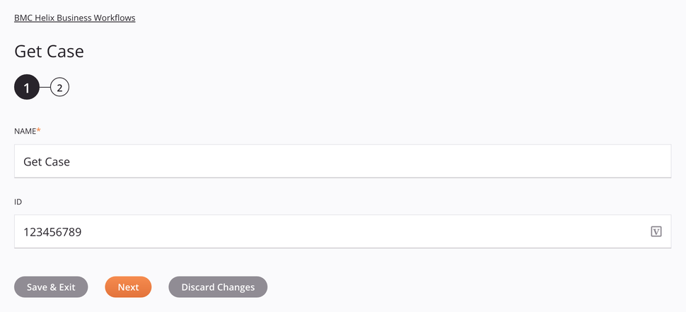 BMC Helix Business Workflows Get Case activity configuration step 1