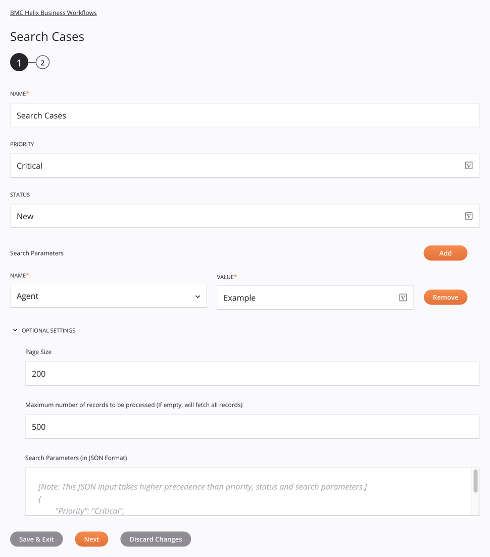 Paso 1 de configuración de actividad de casos de búsqueda de BMC Helix Business Workflows