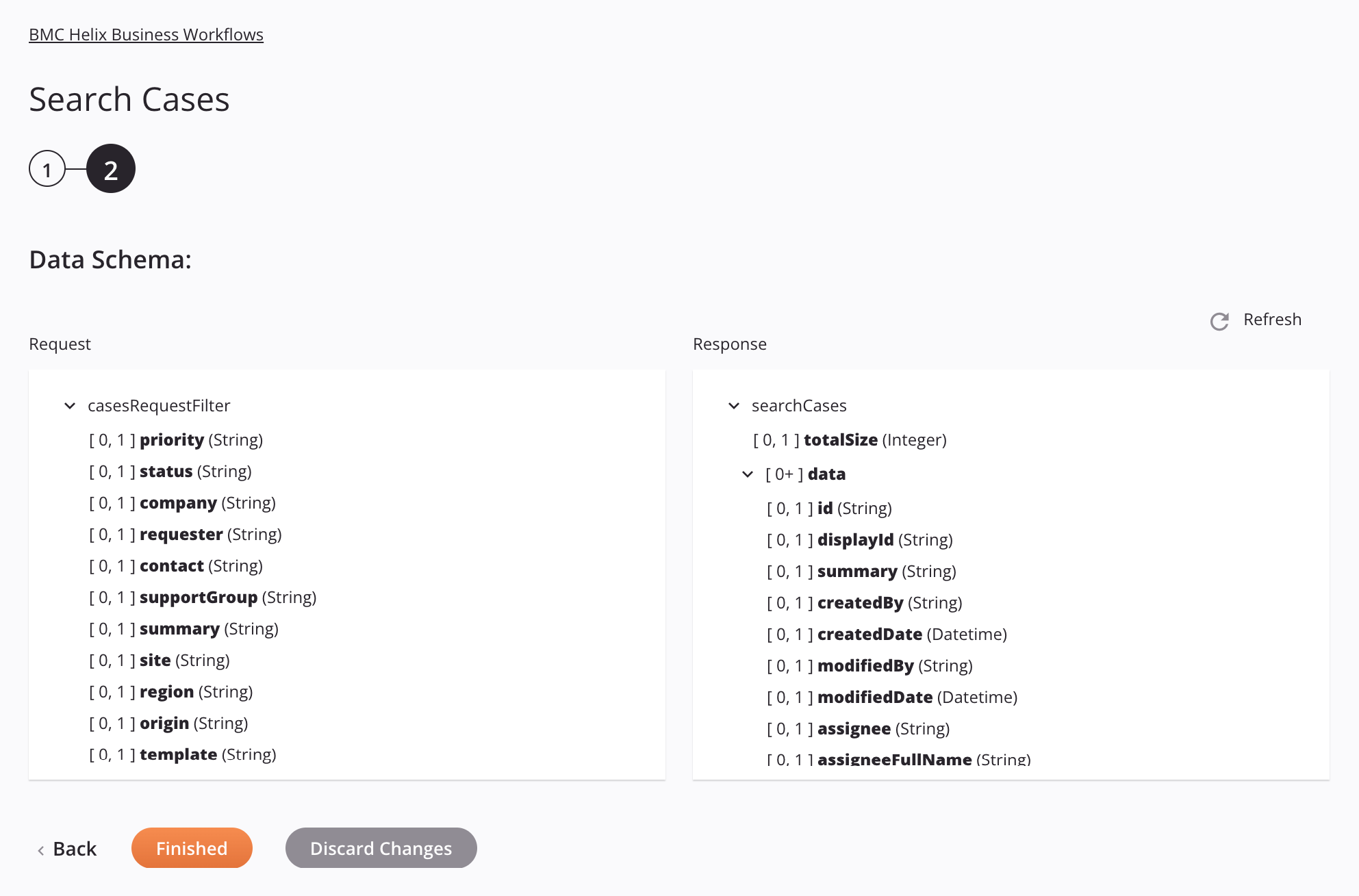 Paso 2 de configuración de actividad de casos de búsqueda de BMC Helix Business Workflows