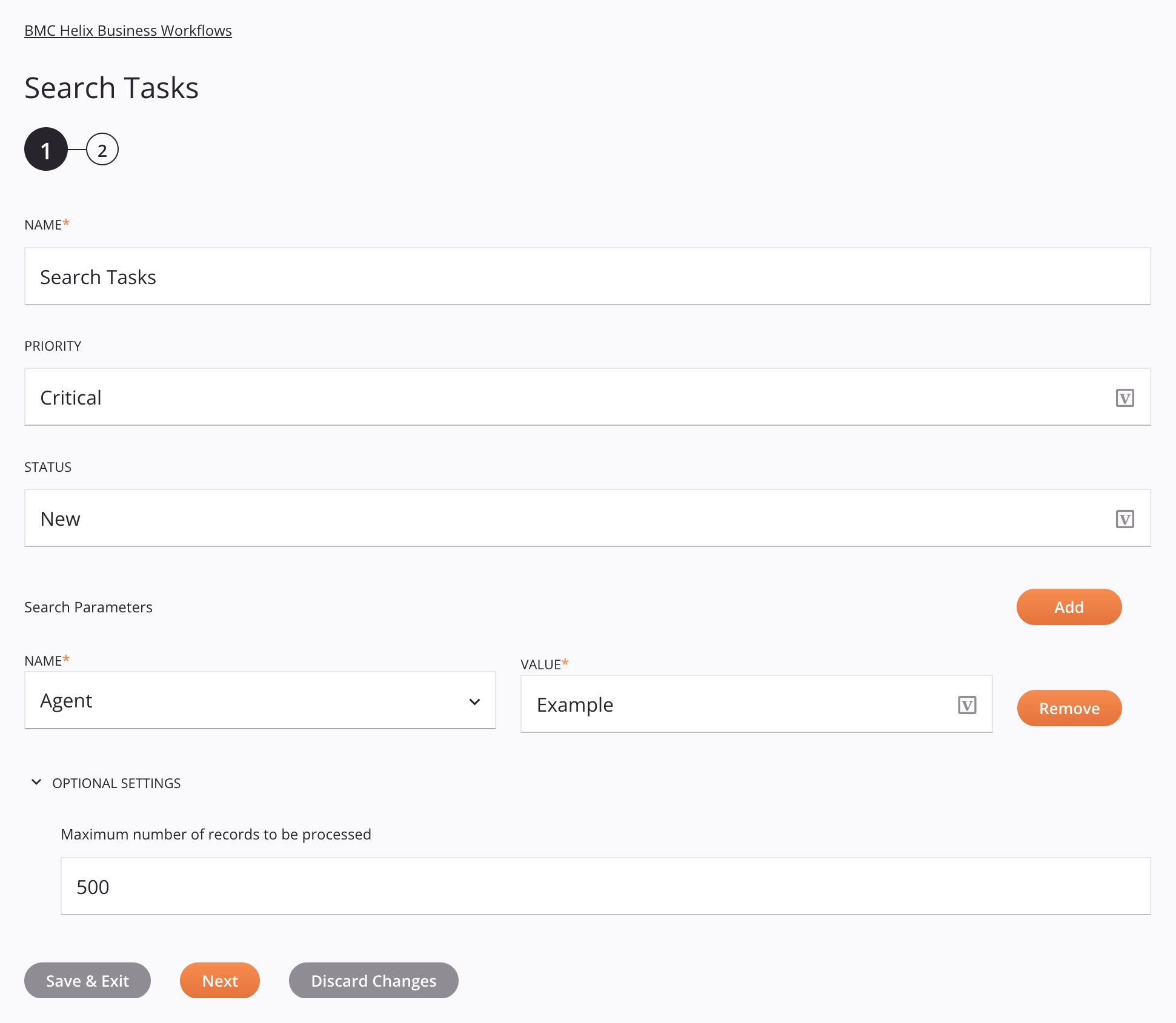 Paso 1 de configuración de la actividad de tareas de búsqueda de BMC Helix Business Workflows