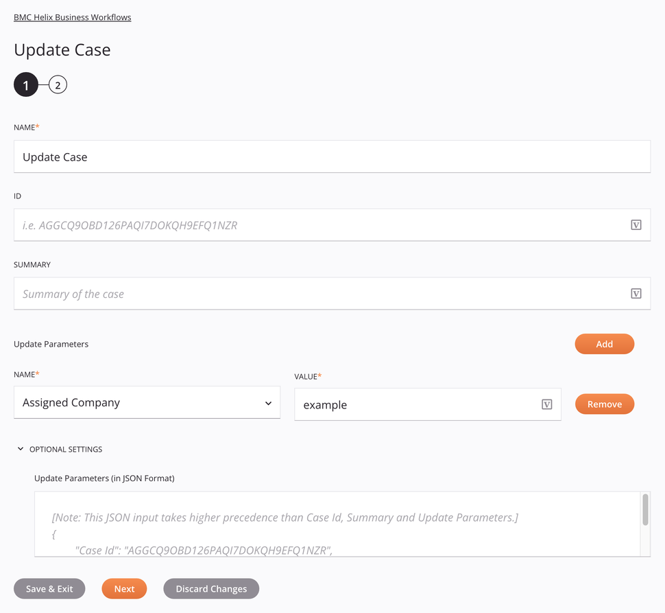 BMC Helix Business Workflows Update Case activity configuration step 1