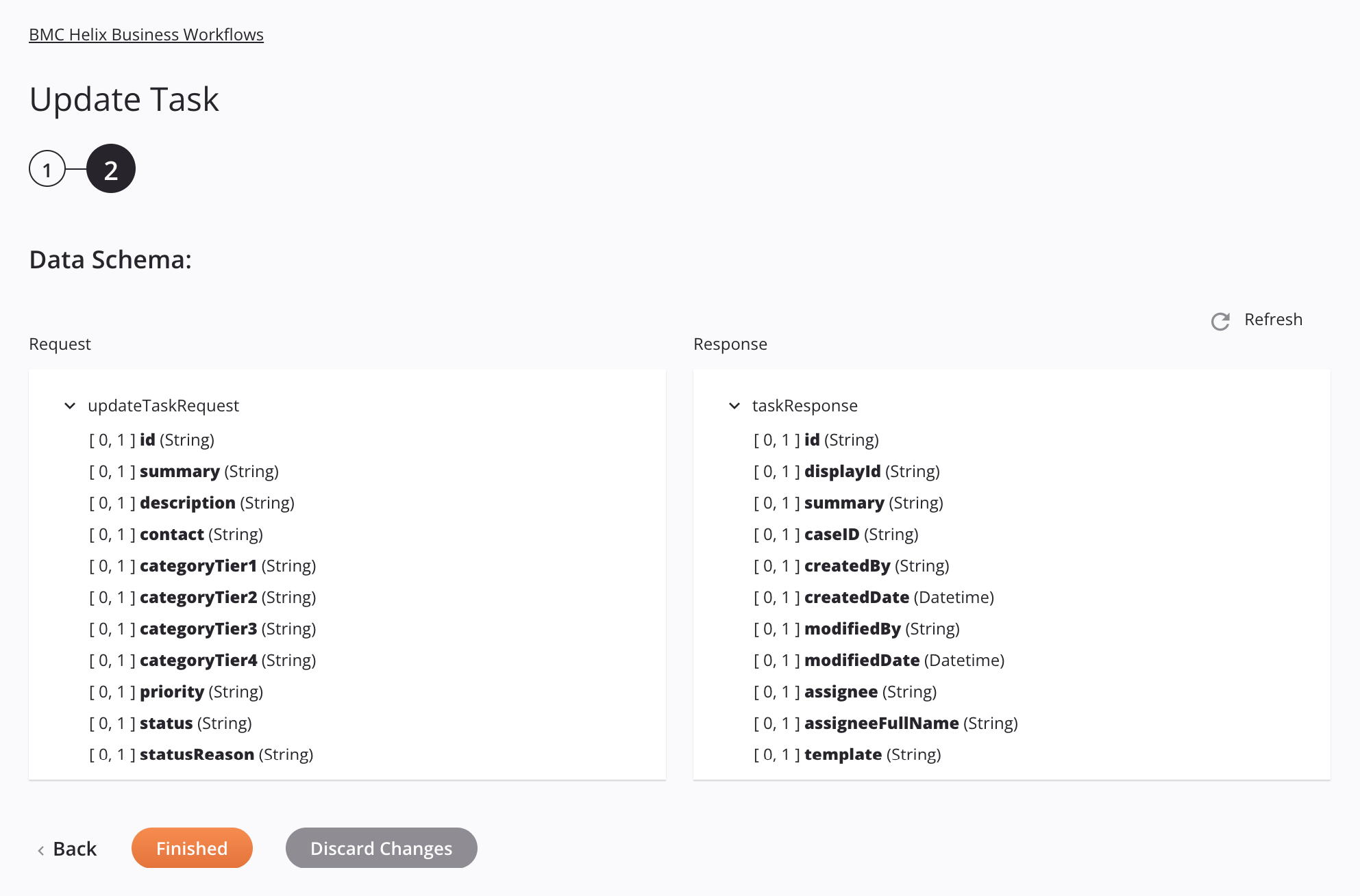 BMC Helix Business Workflows Update Task activity configuration step 2