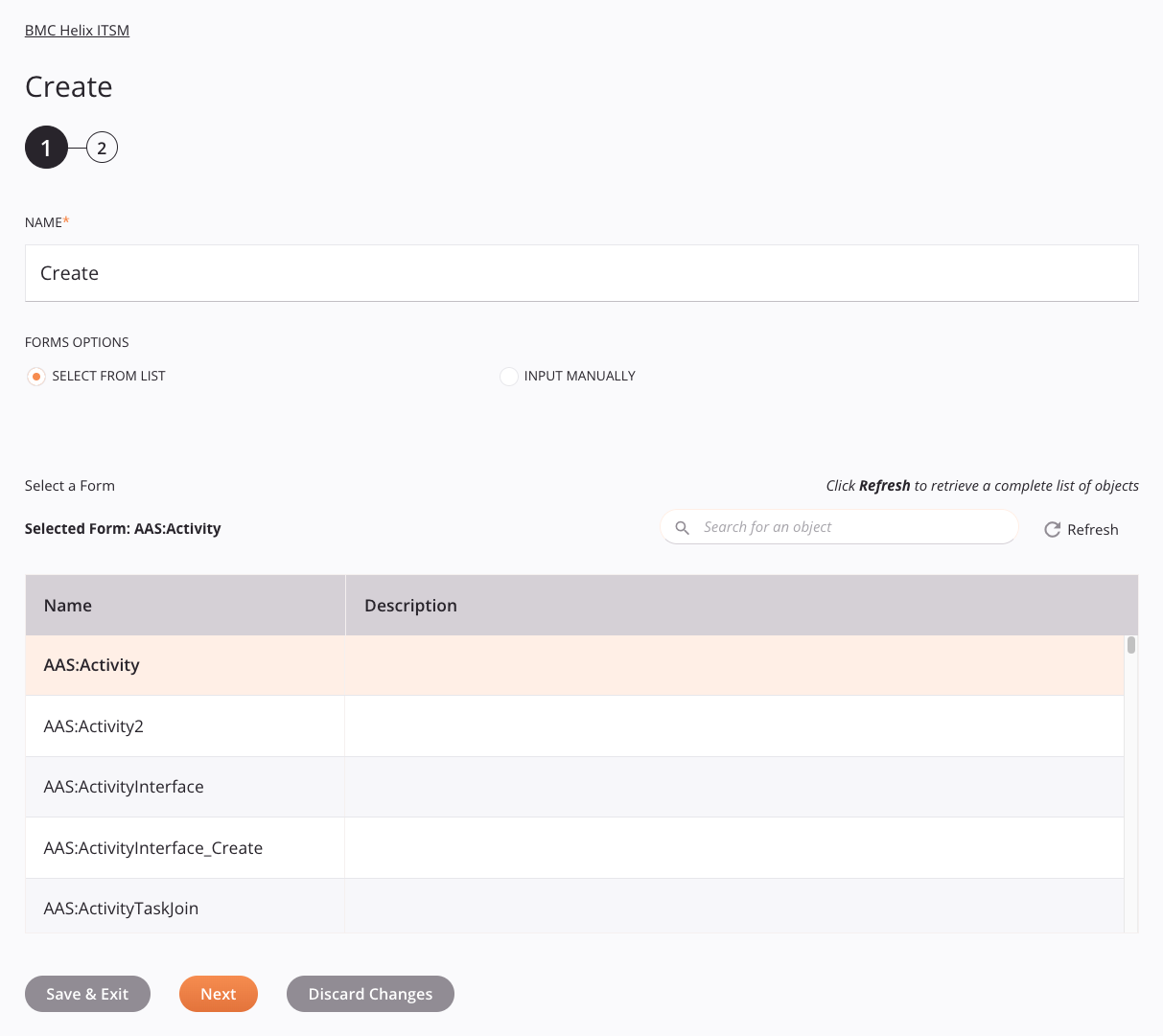 BMC Helix ITSM Create activity configuration step 1