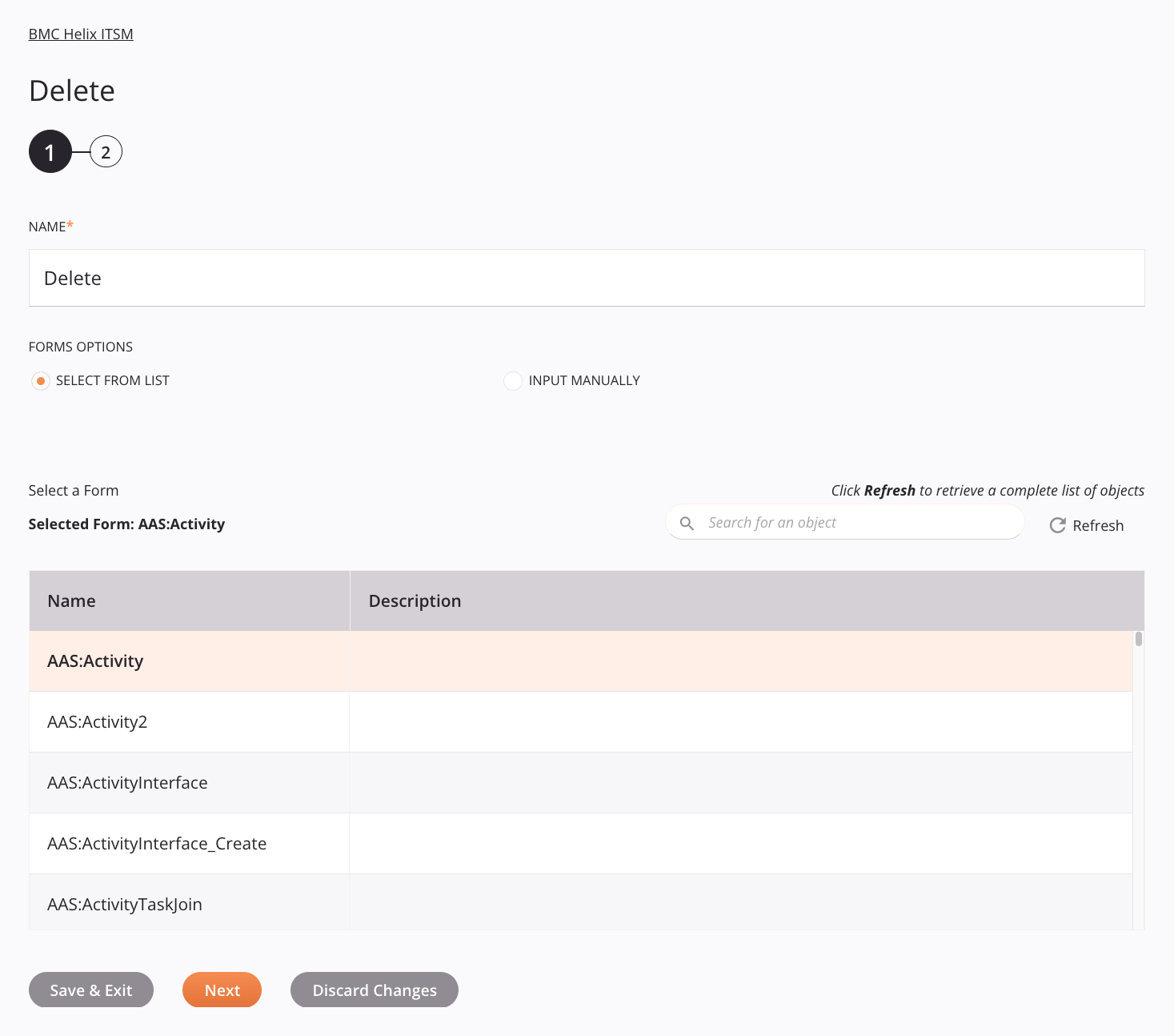 Lista del paso 1 de configuración de actividad de consulta BMC Helix ITSM