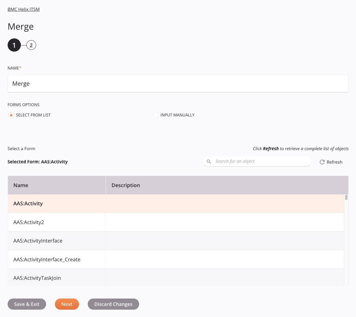 BMC Helix ITSM Merge activity configuration step 1