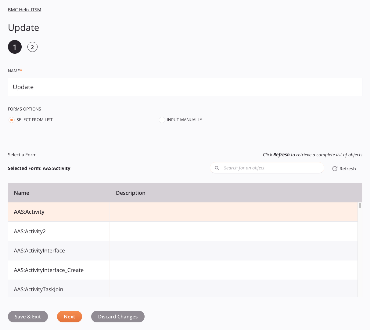 BMC Helix ITSM Query activity configuration step 1