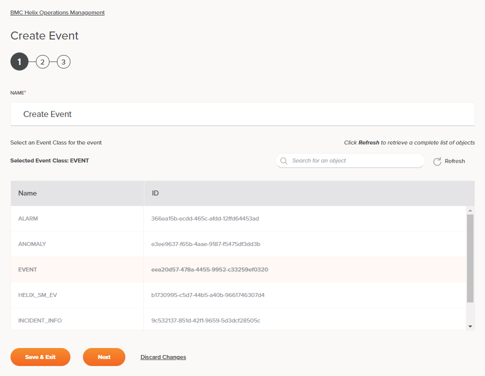 BMC Helix Operations Management Create Event activity configuration step 1