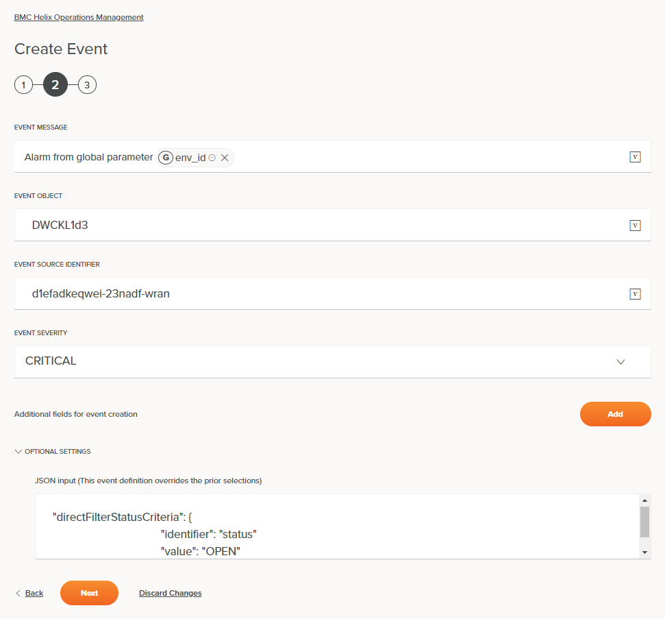 BMC Helix Operations Management Crear configuración de actividad de evento Paso 2