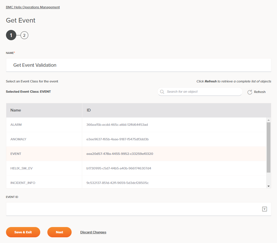 BMC Helix Operations Management Obtener configuración de actividad de evento, paso 1